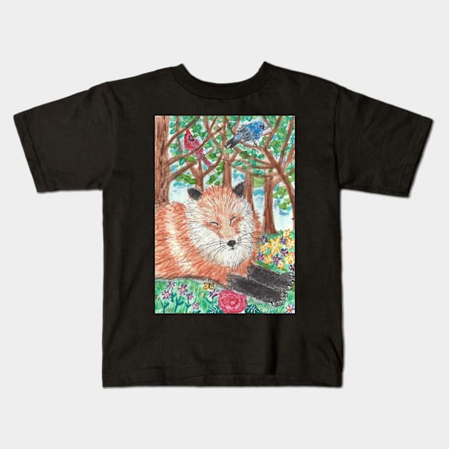 Fox in the  forest art painting Kids T-Shirt by SamsArtworks